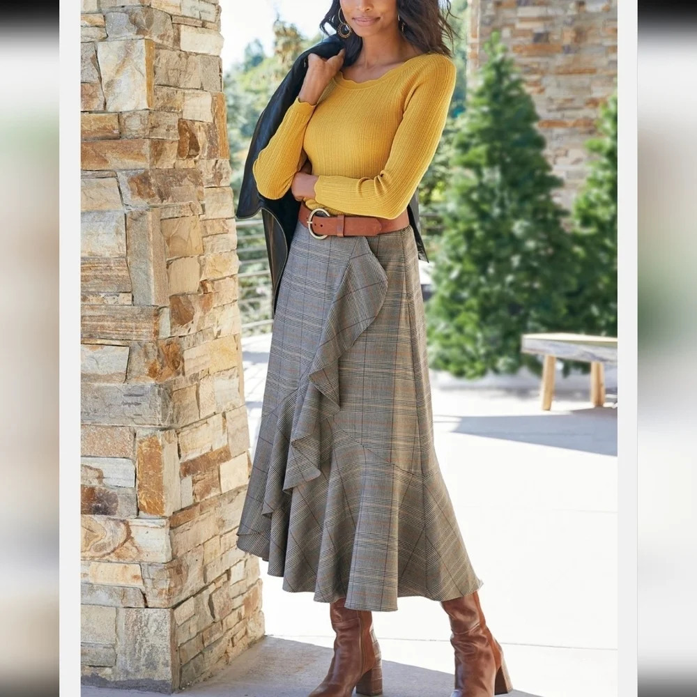 SOFT SURROUNDINGS S Brown Glen Plaid Weston Park Skirt Ruffle Drape Maxi Preppy